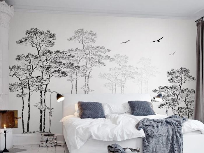 Phòng ngủ đơn giản với giấy dán tường thiên nhiên